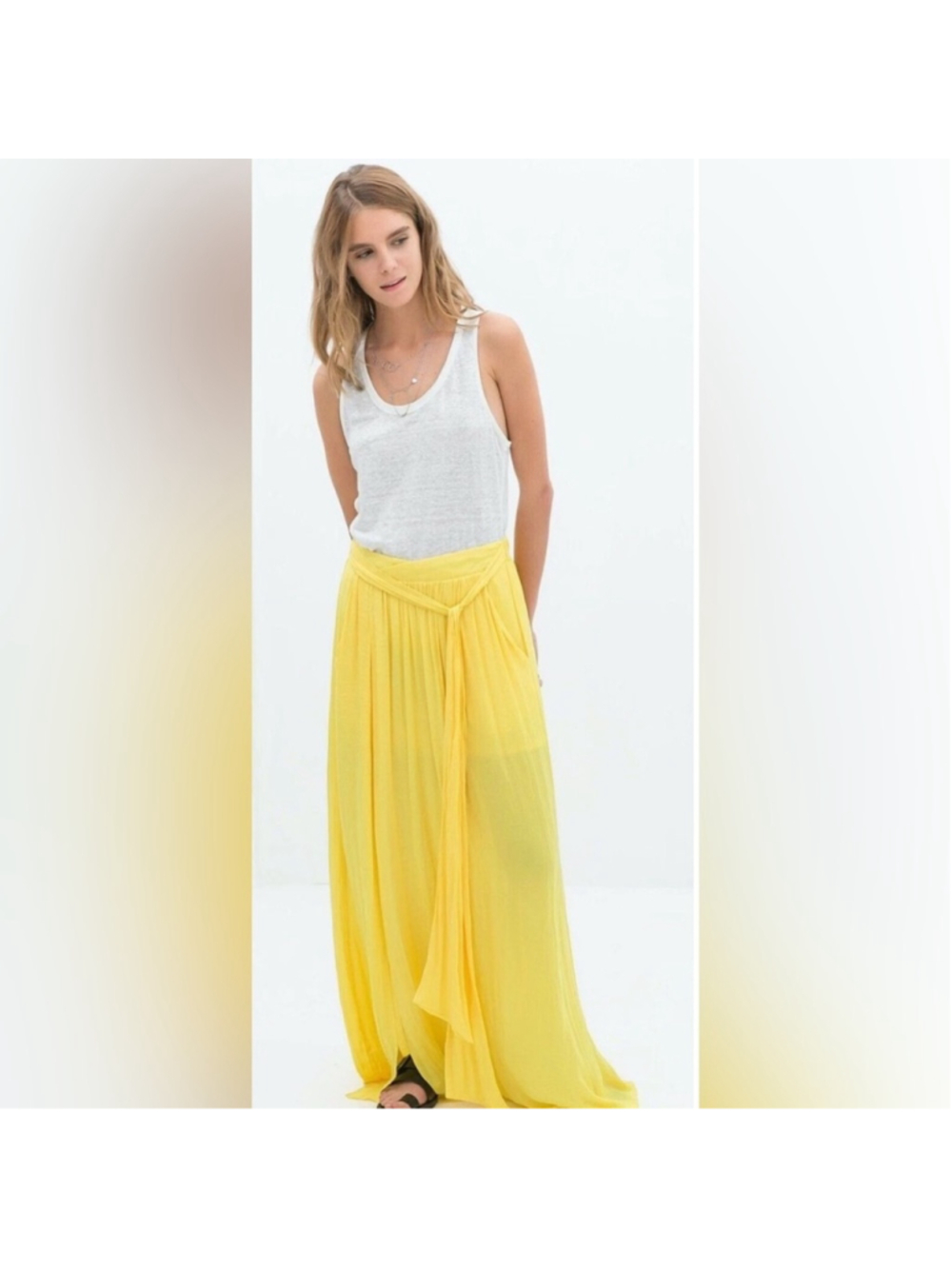 ZARA Skirt Women Size XS Yellow Maxi Sheer Stretchable Waist Tie Pockets Lined